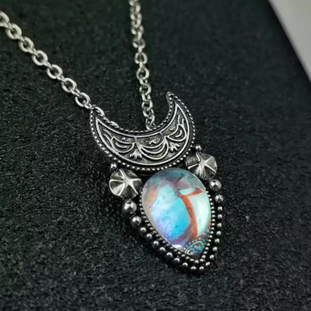 Triple Moon Goddess Necklace Hecate Silver Tear drop gemstone Rainbow moonstone